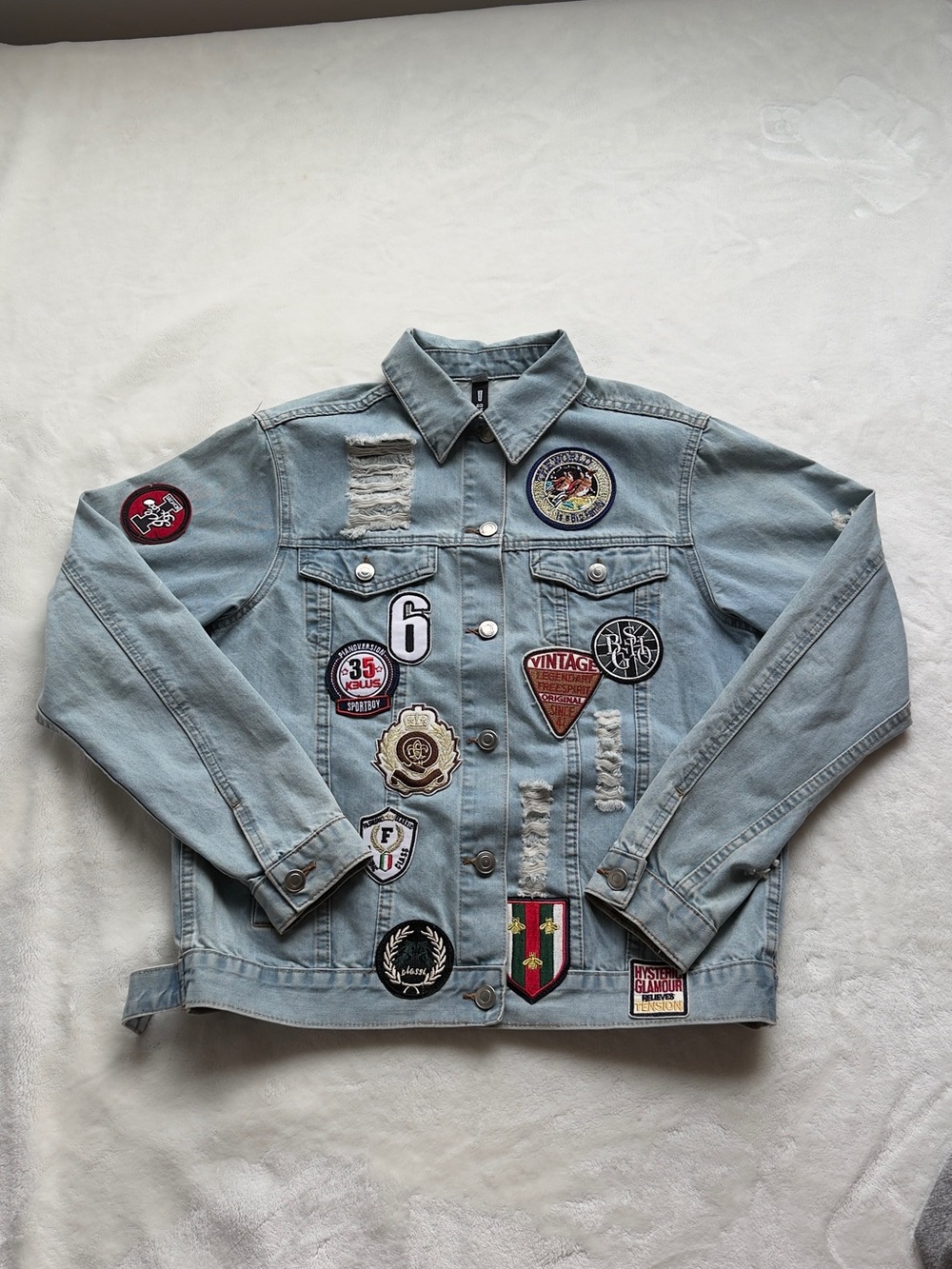 Light Blue Patchwork Denim Jacket with Distressed Details